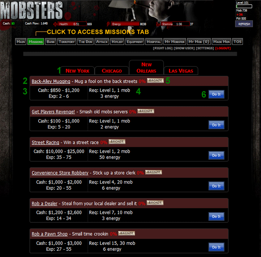 Mobsters Players Revenge Game Guide | Missions Tab